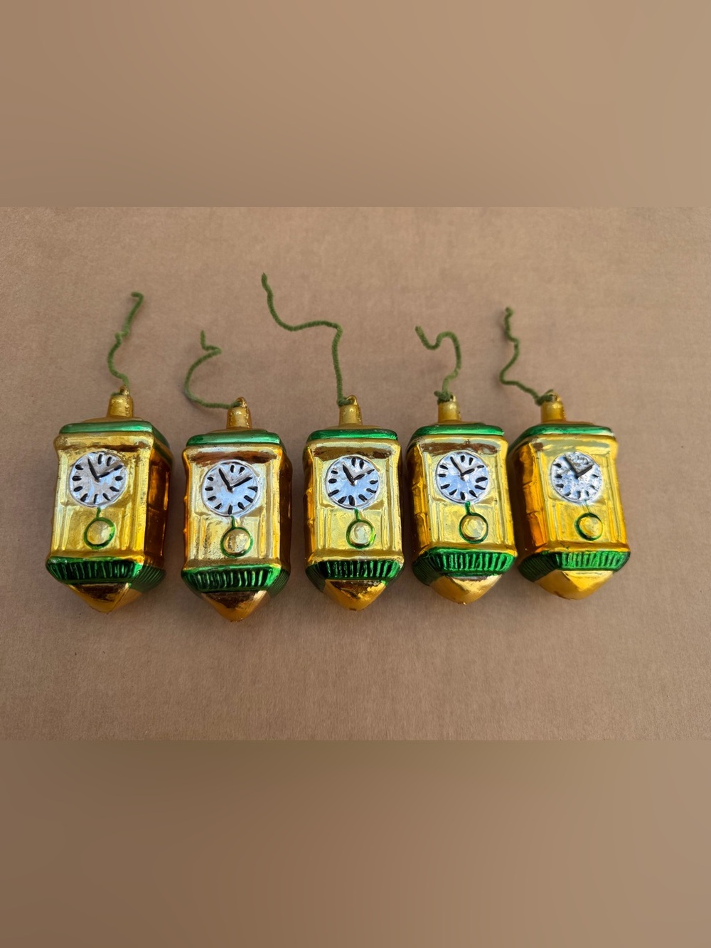 Vintage Circa 1960s Christmas Clock Ornaments Lot of 5 Gold Green 4 Inch